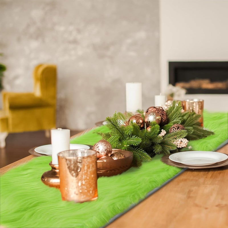 Moukeren مفرش طاولة موكيرين من الفرو الصناعي الطويل 1378 × 4724 بوصة لعيد الميلاد الفاخر مفرش فخم شتوي سجادة زخرفية حديثة لقطعة مركزية لطاولة الطعام أو القهوة للحفلات أعياد الميلاد الزفاف خزانة خضراء - Image 3