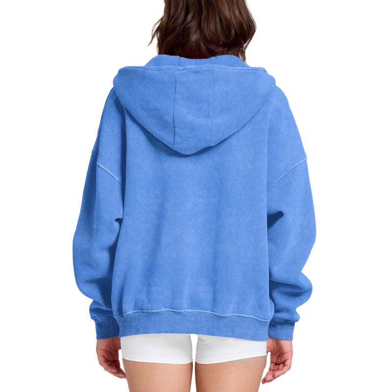 Dnzzs Womens Zip Up Hoodie Oversized Acid Wash Sweatshirts Heavyweight Fall Fashion Outfits Casual Jackets Winter Clothes,Bright Blue,Medium - Image 2