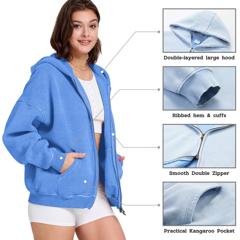 Dnzzs Womens Zip Up Hoodie Oversized Acid Wash Sweatshirts Heavyweight Fall Fashion Outfits Casual Jackets Winter Clothes,Bright Blue,Medium - Image 3