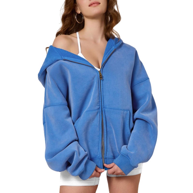 Dnzzs Womens Zip Up Hoodie Oversized Acid Wash Sweatshirts Heavyweight Fall Fashion Outfits Casual Jackets Winter Clothes,Bright Blue,Medium - Image 1