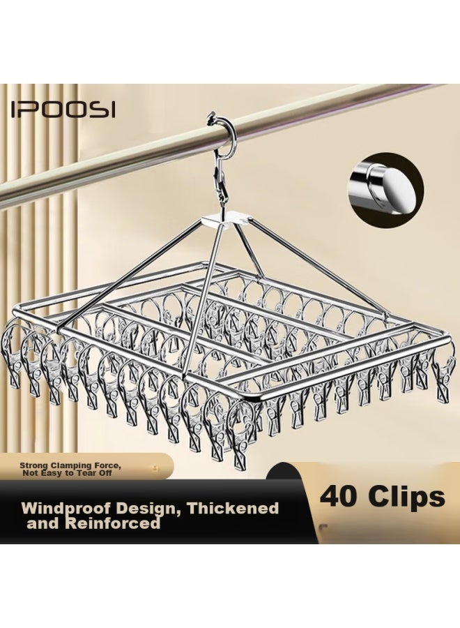 Bao Shi Boshi Stainless Steel Clothes Pegs Drying Rack With 40 Clips For Home Use, Multi-functional Windproof Underwear Hanger For Babies, Hanging Socks Artifact - Image 1