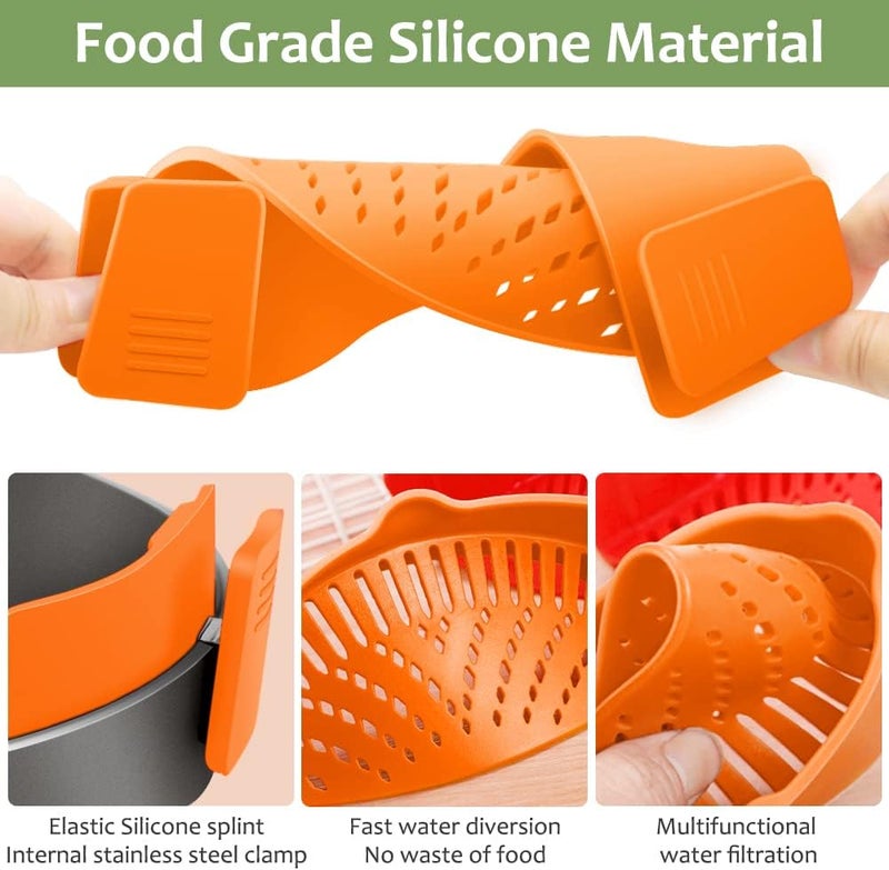 YEVIOR Clip on Strainer for Pots Pan Pasta,Silicone Food Strainer Hands-Free Pan Strainer, Clip-on Kitchen Food Strainer for Spaghetti, Pasta, Ground Beef Fits All Bowls and Pots (Orange) - Image 4