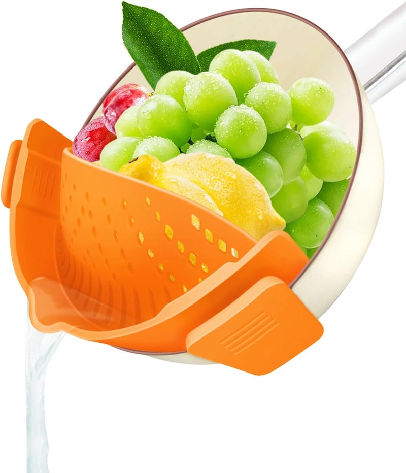 YEVIOR Clip on Strainer for Pots Pan Pasta,Silicone Food Strainer Hands-Free Pan Strainer, Clip-on Kitchen Food Strainer for Spaghetti, Pasta, Ground Beef Fits All Bowls and Pots (Orange) - Image 1