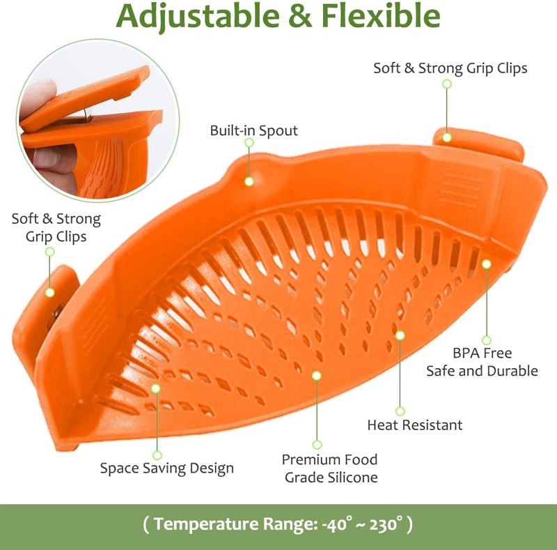 YEVIOR Clip on Strainer for Pots Pan Pasta,Silicone Food Strainer Hands-Free Pan Strainer, Clip-on Kitchen Food Strainer for Spaghetti, Pasta, Ground Beef Fits All Bowls and Pots (Orange) - Image 2