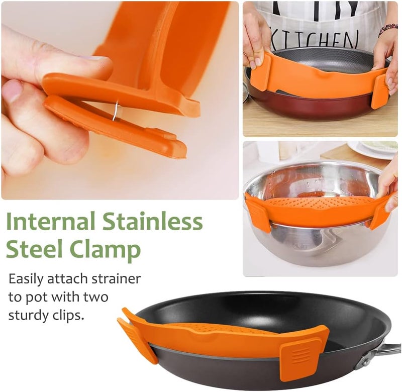 YEVIOR Clip on Strainer for Pots Pan Pasta,Silicone Food Strainer Hands-Free Pan Strainer, Clip-on Kitchen Food Strainer for Spaghetti, Pasta, Ground Beef Fits All Bowls and Pots (Orange) - Image 5