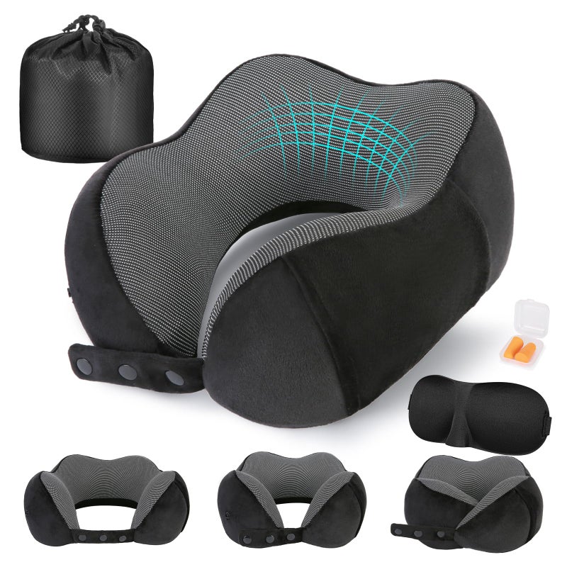 Cirorld Travel Pillow for Airplane Neck Pillow for Travel Memory Foam Travel Neck Pillow for Adults Adjustable  Compact Flight Pillow Ergonomic Neck Cushion With Ear Plugs Eye Mask Carry Bag