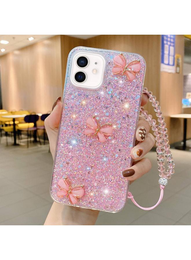 اس-توب جراب لهاتف iPhone 12 مصنوع من مادة TPU الإيبوكسي المرصعة بالنجوم والترتر والفراشة من اليشم مع حزام - Image 1