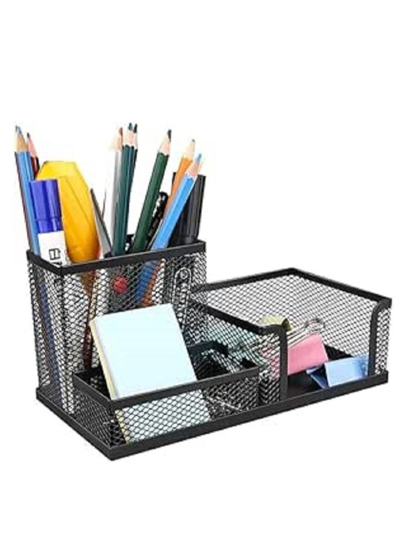 Metal Mesh Pen Holder Desktop Accessory Storage Organizer Home & School - Black 3 Sections - Image 1