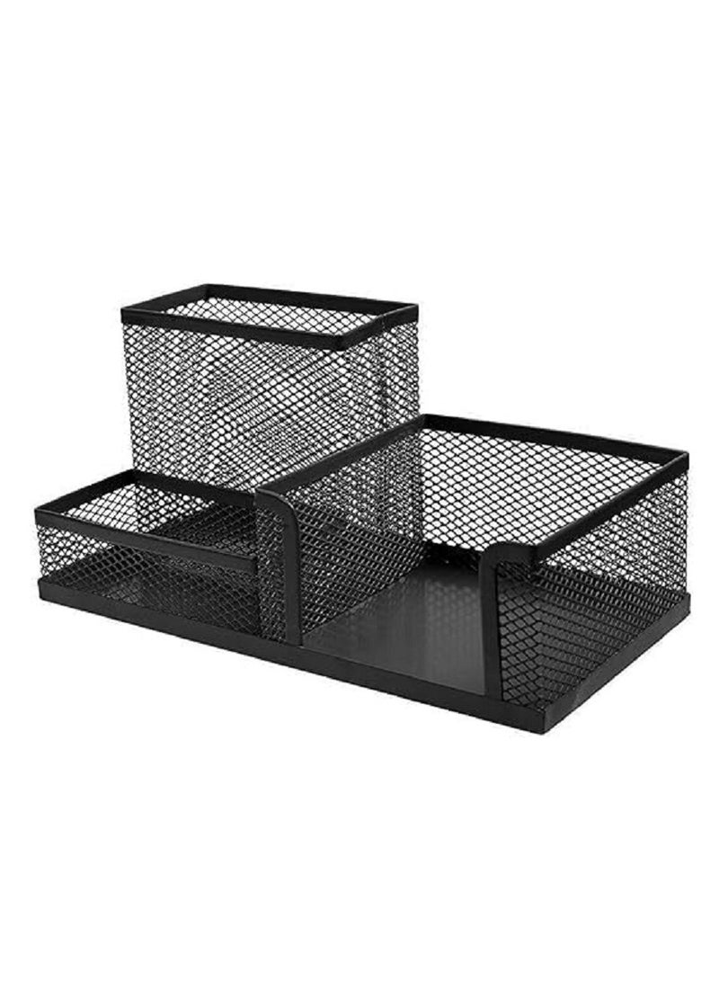 Metal Mesh Pen Holder Desktop Accessory Storage Organizer Home & School - Black 3 Sections - Image 2