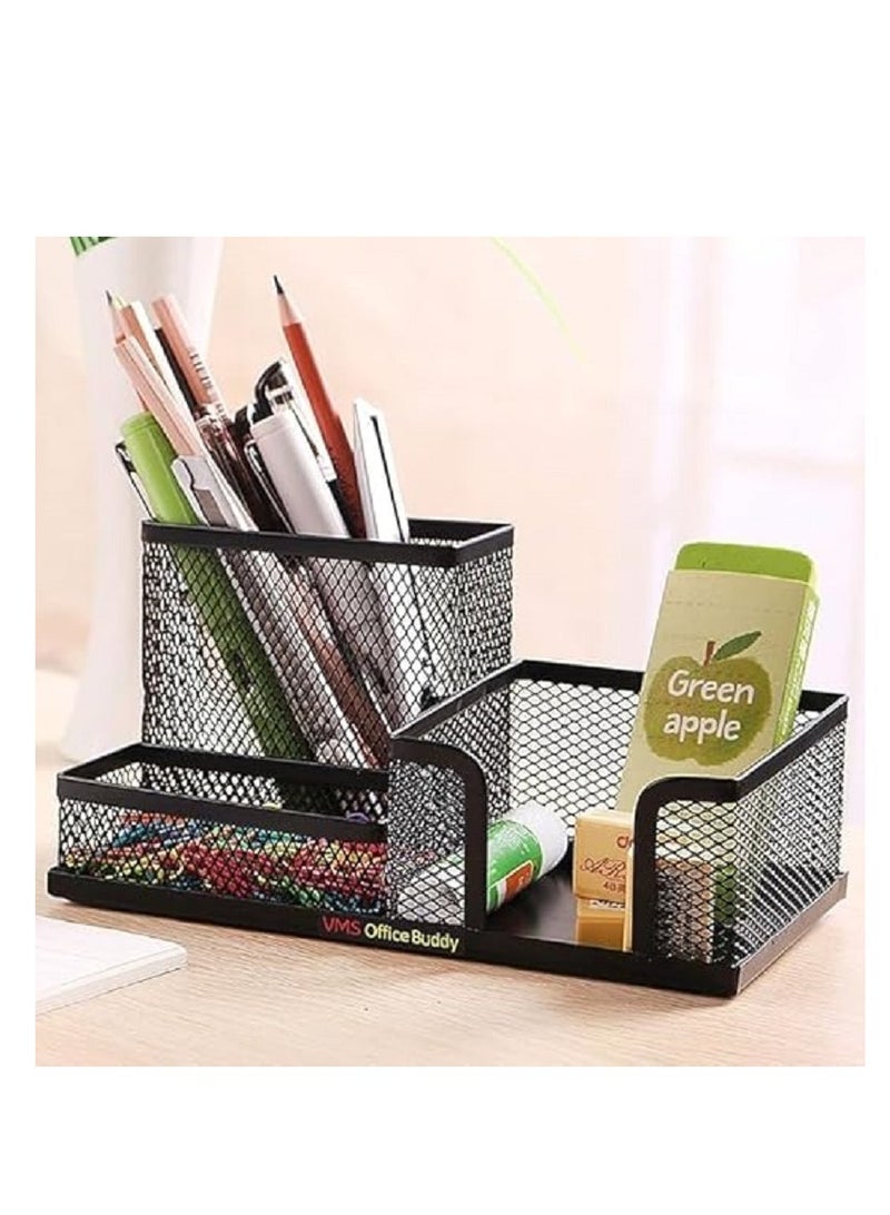 Metal Mesh Pen Holder Desktop Accessory Storage Organizer Home & School - Black 3 Sections - Image 3