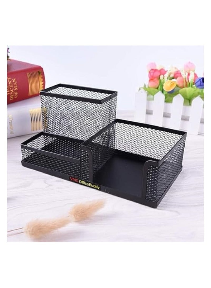 Metal Mesh Pen Holder Desktop Accessory Storage Organizer Home & School - Black 3 Sections - Image 4