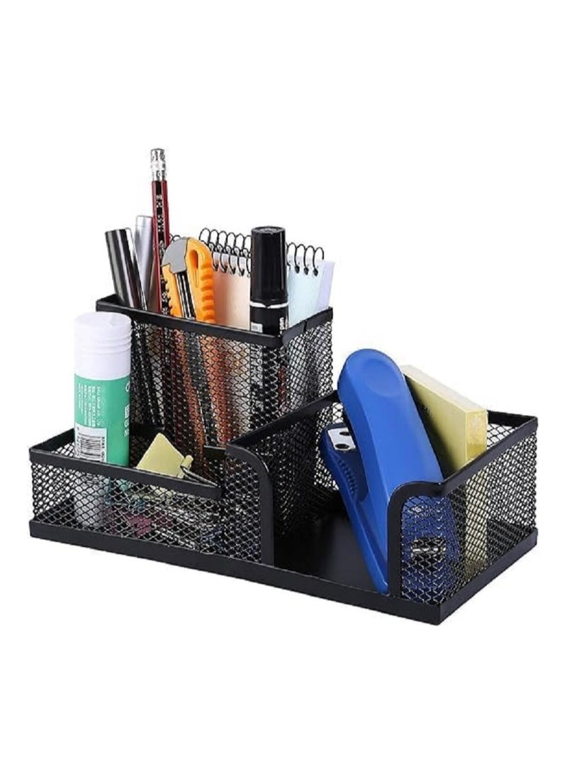Metal Mesh Pen Holder Desktop Accessory Storage Organizer Home & School - Black 3 Sections - Image 5