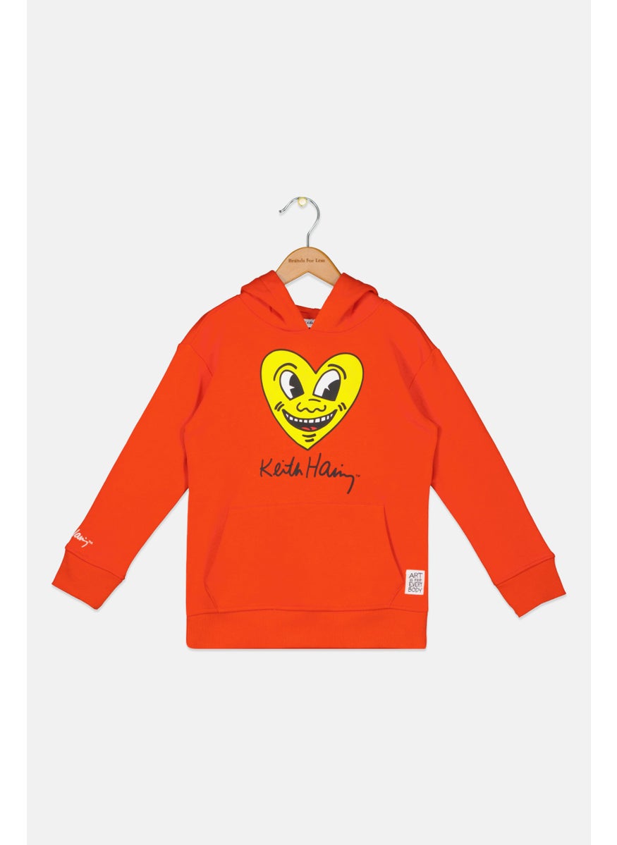 Keith Haring Kids Girl Hooded Neck Long Sleeve Graphic Sweatshirt, Dark Orange  - Image 1