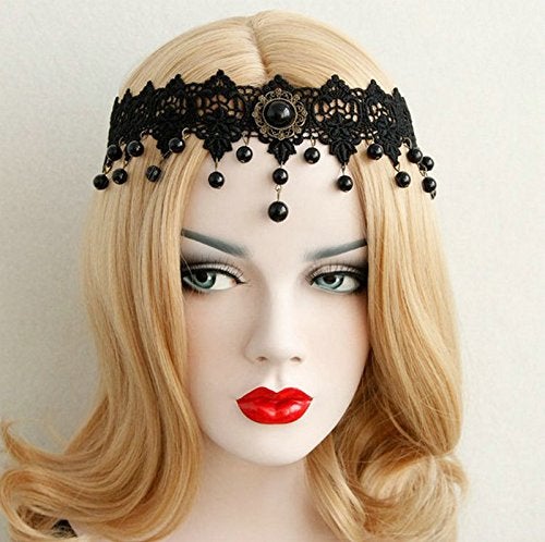 Joyci Women's Exotic Style Black Lace Pearl Hair Bands Forehead Jewelry - Image 2