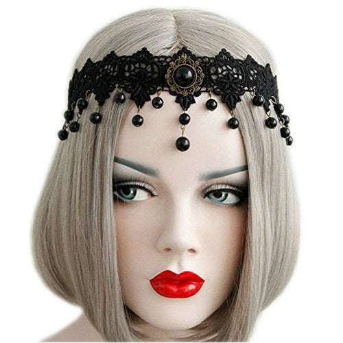 Joyci Women's Exotic Style Black Lace Pearl Hair Bands Forehead Jewelry - Image 1
