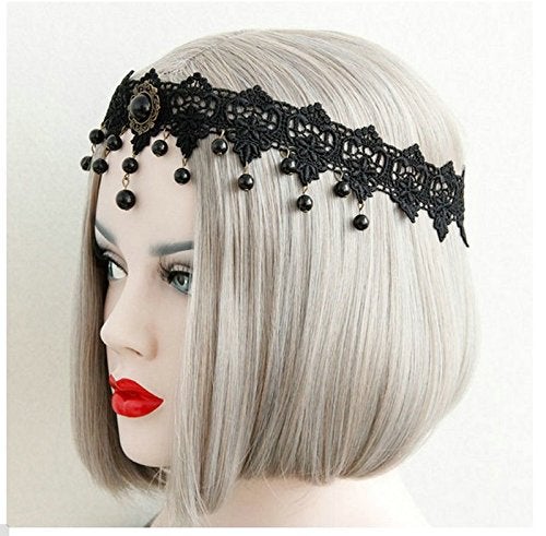 Joyci Women's Exotic Style Black Lace Pearl Hair Bands Forehead Jewelry - Image 3
