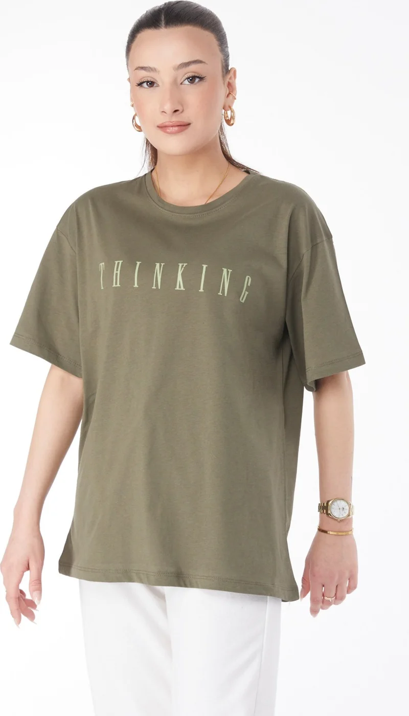Tofisa 24634-HAKI Crew Neck Short Sleeve Printed T-Shirt