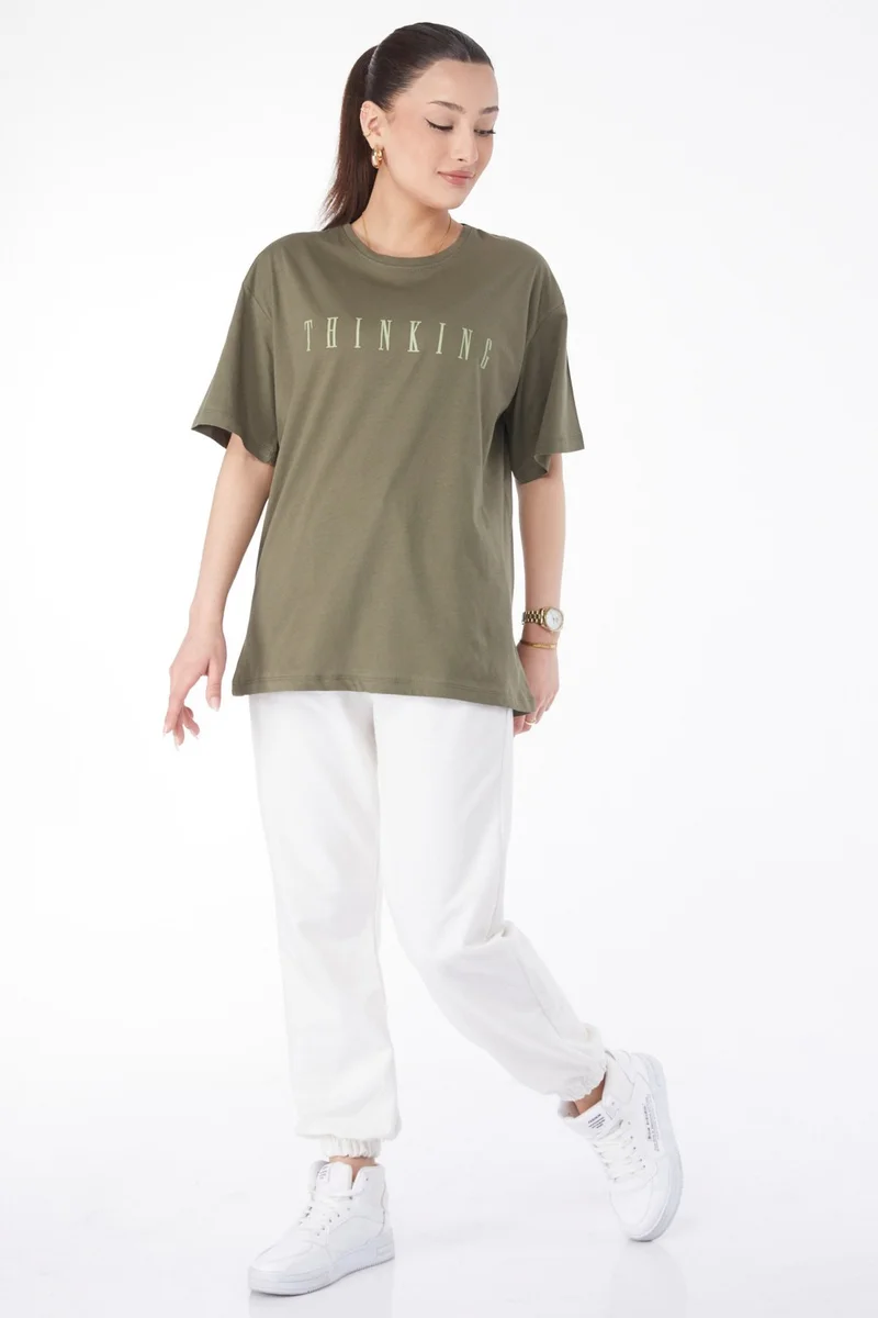 Tofisa 24634-HAKI Crew Neck Short Sleeve Printed T-Shirt