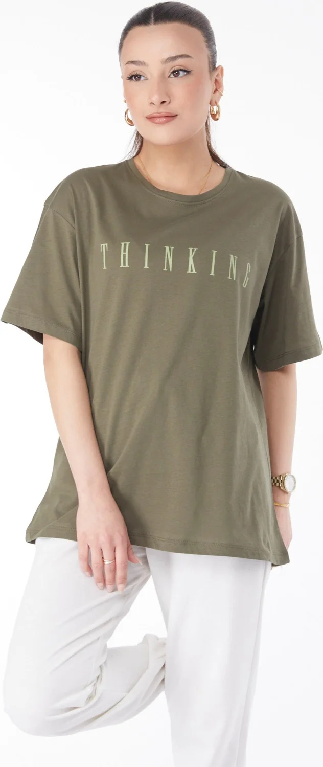 Tofisa 24634-HAKI Crew Neck Short Sleeve Printed T-Shirt