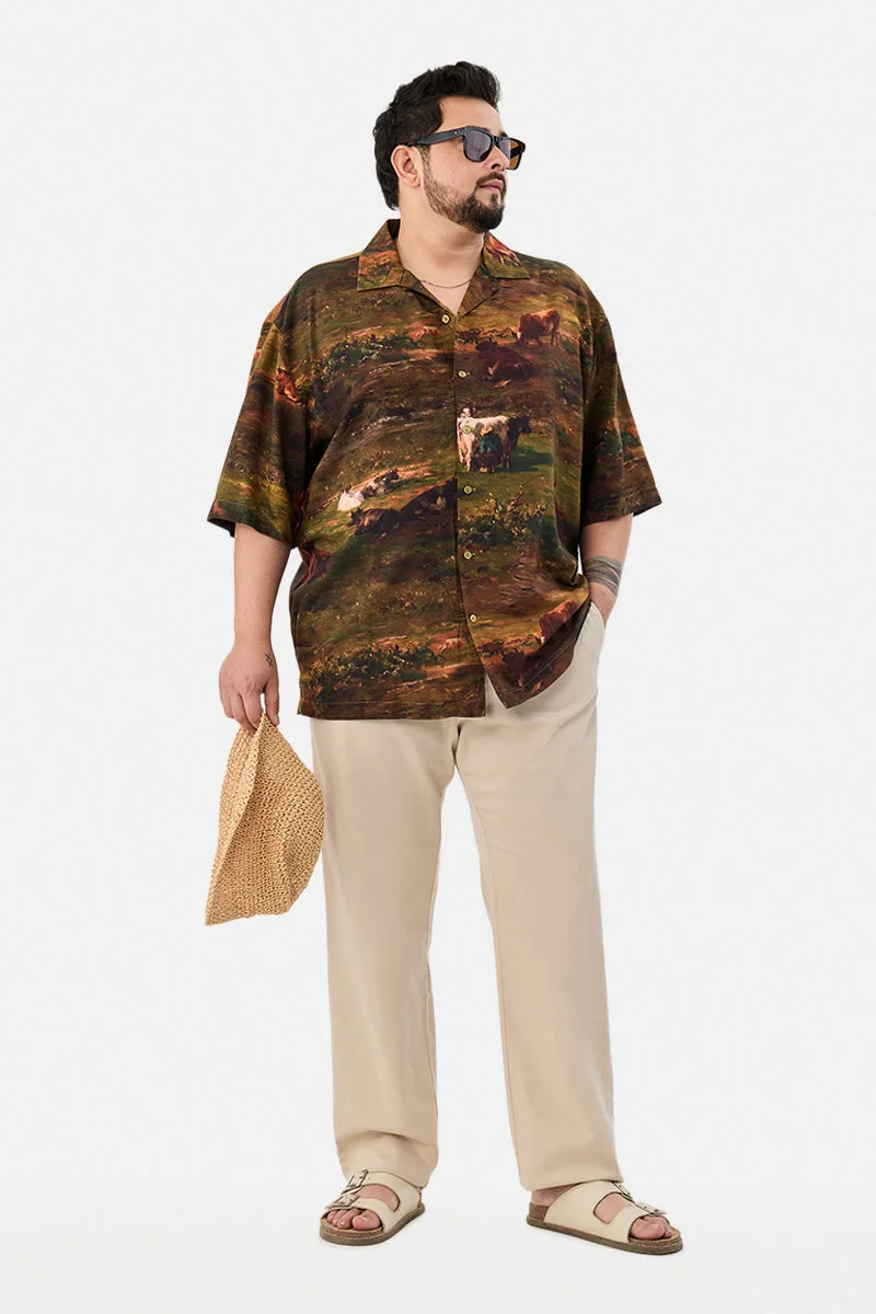 سنيتش قميص منتجع مقاس كبير مطبوع بقصة صندوقية