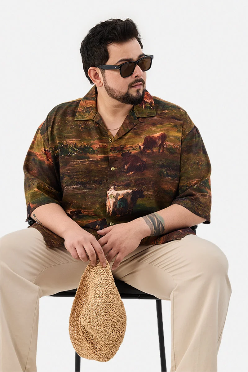 سنيتش قميص منتجع مقاس كبير مطبوع بقصة صندوقية