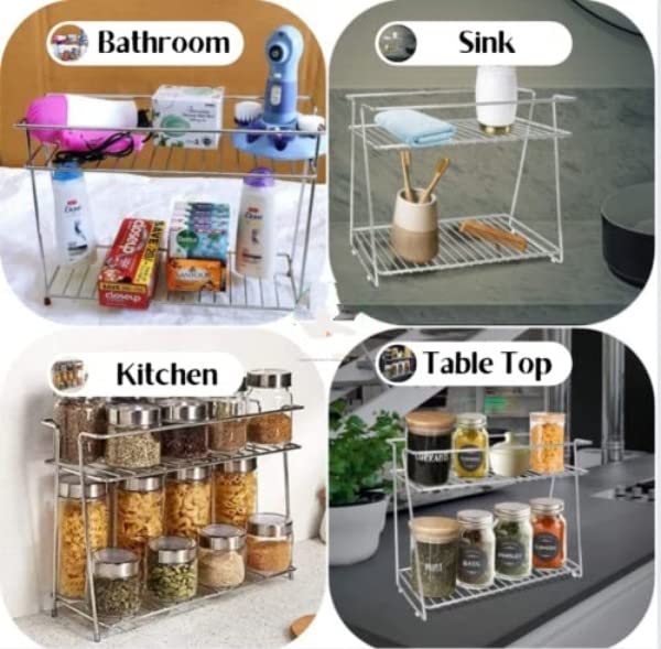 CR18 COLLECTION Stainless Steel Spice 2-Tier Trolley Container Organizer Organiser/Basket for Boxes Utensils Dishes Plates for Home (Multipurpose Kitchen Storage Shelf Shelves Holder Stand Rack) - Image 2