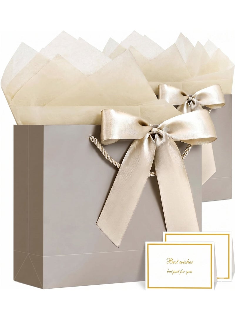 CUNUUDOOL Gift Bags with Handles, 28cm Small Gift Bag for Presents, 2Pcs Bags with 4 Tissue Paper and 2 Cards for Baby Shower Wedding Bridal Shower Mother's Day Birthday Party (Golden2Pcs) - Image 1