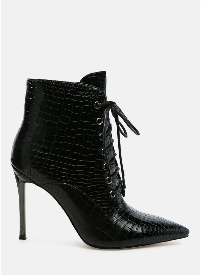 Croc Lace-Up Stiletto Boot in Black