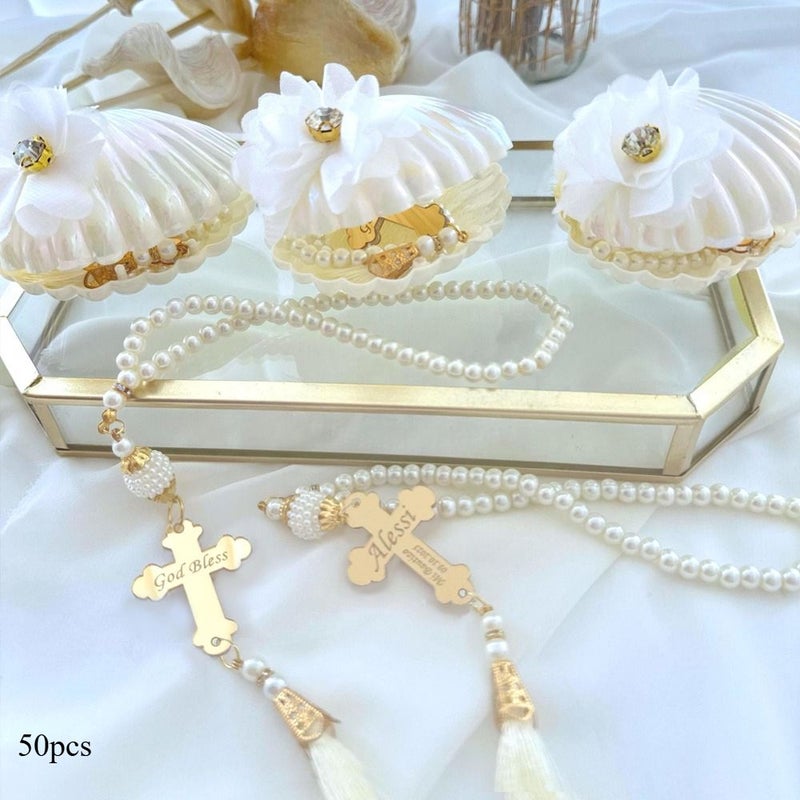 Custom Baptism Favors 50pcs Personalized Rosary Keepsake Acrylic Sign White Flower Prayer Beads Shell Box For Boys Girls Christening Birthday Party Bridal Shower Quinceanera - Image 1
