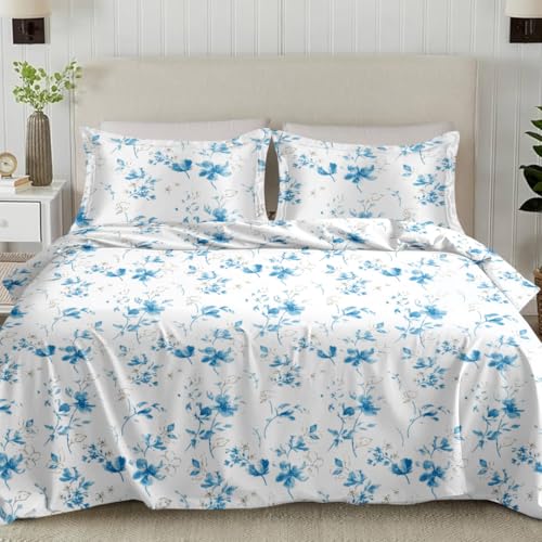 Plumora Cotton King Size Bedsheet 108x108 Super King, 100% Pure Cotton Bed Sheet with 2 Pillow Covers, 300 TC Soft Breathable Floral Design Bedding - (Blue Spring) - Image 1