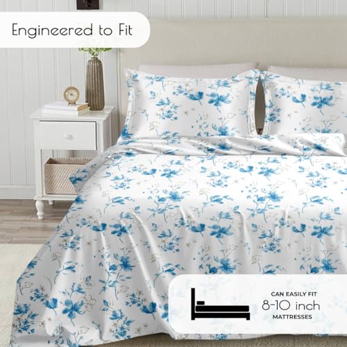 Plumora Cotton King Size Bedsheet 108x108 Super King, 100% Pure Cotton Bed Sheet with 2 Pillow Covers, 300 TC Soft Breathable Floral Design Bedding - (Blue Spring) - Image 3