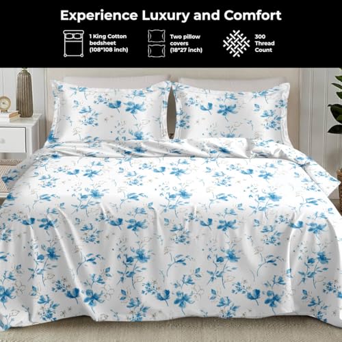 Plumora Cotton King Size Bedsheet 108x108 Super King, 100% Pure Cotton Bed Sheet with 2 Pillow Covers, 300 TC Soft Breathable Floral Design Bedding - (Blue Spring) - Image 2