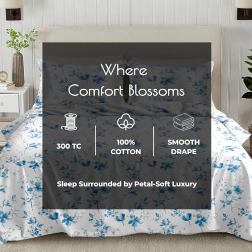 Plumora Cotton King Size Bedsheet 108x108 Super King, 100% Pure Cotton Bed Sheet with 2 Pillow Covers, 300 TC Soft Breathable Floral Design Bedding - (Blue Spring) - Image 5