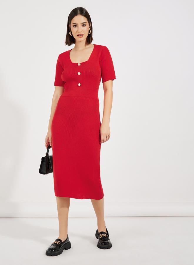 Styli Rib Knit Scoop Neck Sweater Midi Dress  - Image 1