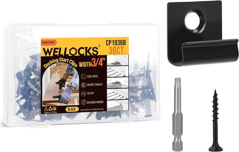 WELLOCKS Start Clips 3/4" Width Black 36 Pack with Deck Screws T25 Bit Universal Starter Clips for 400 SQ. FT. of Decking Board Hidden Fastener(CP1936B) - Image 1