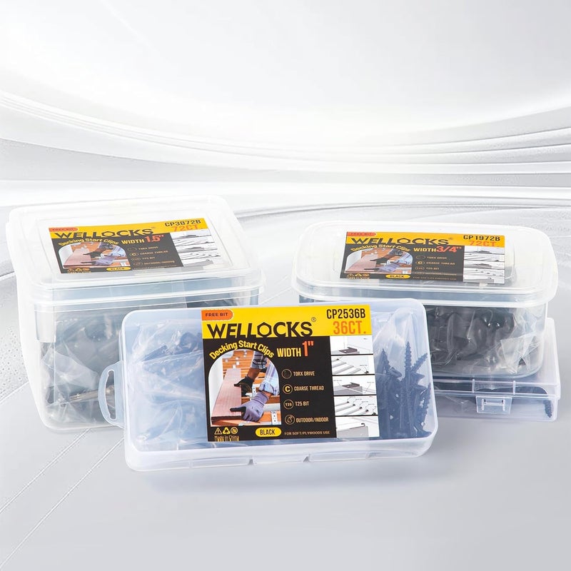 WELLOCKS Start Clips 3/4" Width Black 36 Pack with Deck Screws T25 Bit Universal Starter Clips for 400 SQ. FT. of Decking Board Hidden Fastener(CP1936B) - Image 2