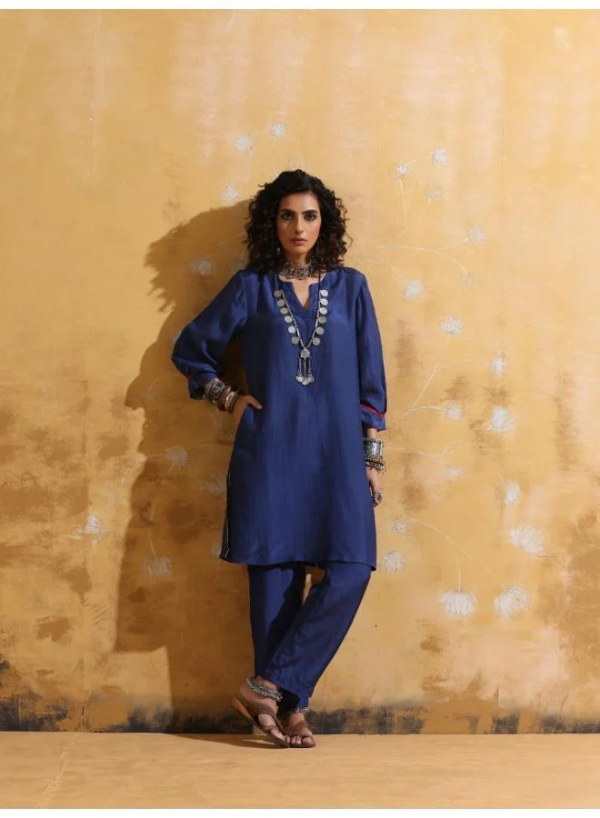 trueBrowns trueBrowns Blue Muslin Silk Relaxed Kurta Co-ord Set
