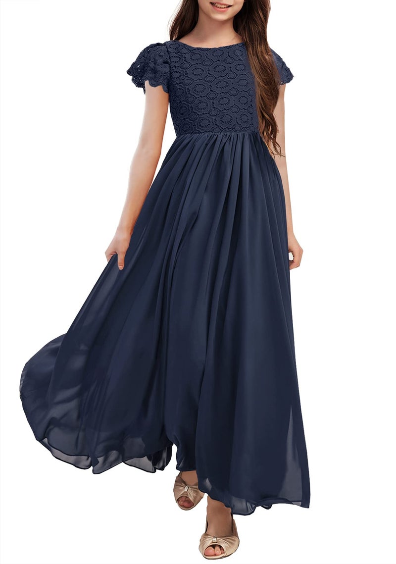 HOSIKA Girls Vintage Floral Lace Flutter Sleeve A-Line Swing Easter Birthday Party Dance Prom Dress for 12-13 Years Navy Blue - Image 1