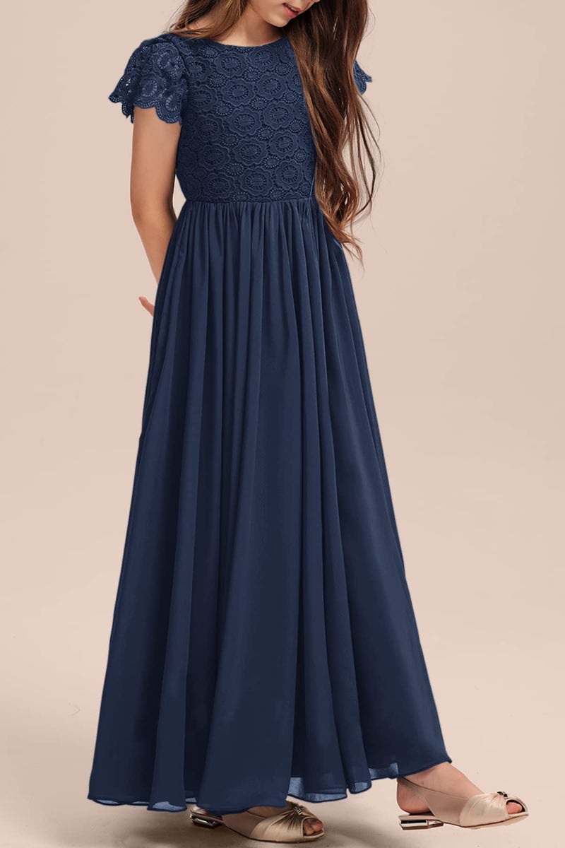 HOSIKA Girls Vintage Floral Lace Flutter Sleeve A-Line Swing Easter Birthday Party Dance Prom Dress for 12-13 Years Navy Blue - Image 4