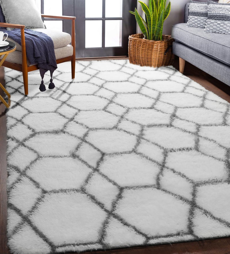 ONASAR Area Rugs for Living Room, 5x8 Fluffy White and Grey Rug for Bedroom, Geometric Moroccan Indoor Shaggy Boho Soft Plush Floor Carpet for Kids Teen Nursery Dorm Home Decor Aesthetic - Image 3