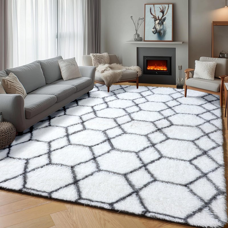 ONASAR Area Rugs for Living Room, 5x8 Fluffy White and Grey Rug for Bedroom, Geometric Moroccan Indoor Shaggy Boho Soft Plush Floor Carpet for Kids Teen Nursery Dorm Home Decor Aesthetic - Image 1