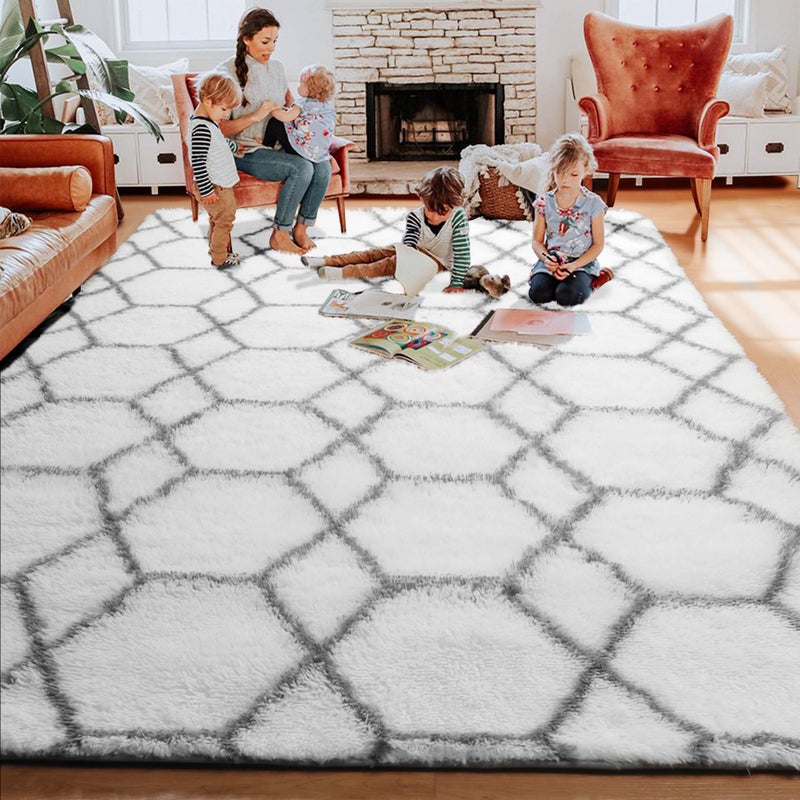 ONASAR Area Rugs for Living Room, 5x8 Fluffy White and Grey Rug for Bedroom, Geometric Moroccan Indoor Shaggy Boho Soft Plush Floor Carpet for Kids Teen Nursery Dorm Home Decor Aesthetic - Image 5