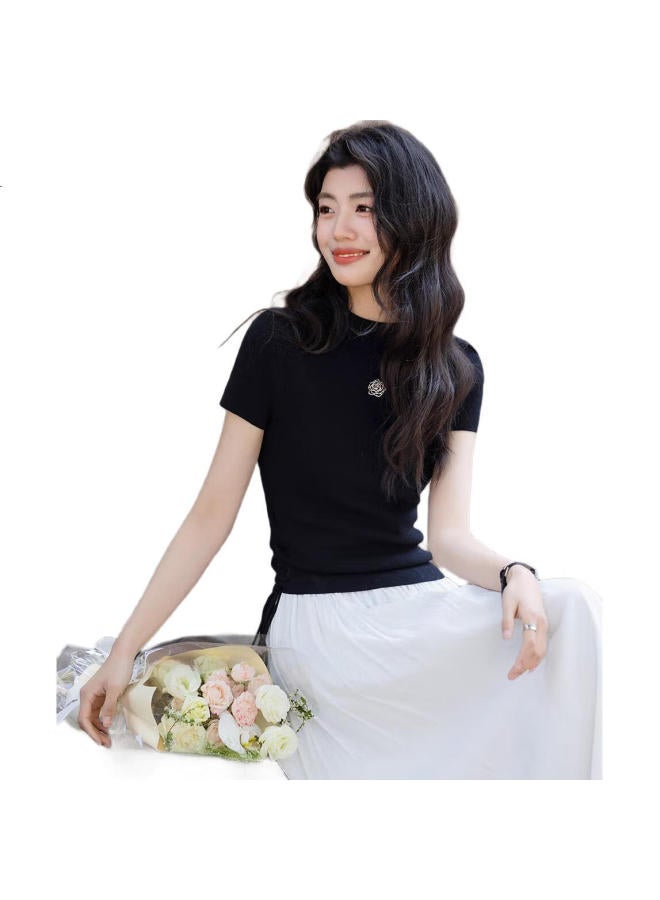 dme "Outline Double C Waist" Spring And Autumn Half-High Round Neck Side Seam Drawstring Line Shirt Rose Gold Metallic Knit Top Women'S Top - Image 2