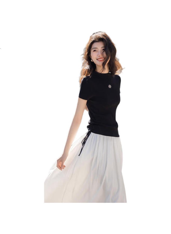 dme "Outline Double C Waist" Spring And Autumn Half-High Round Neck Side Seam Drawstring Line Shirt Rose Gold Metallic Knit Top Women'S Top - Image 3
