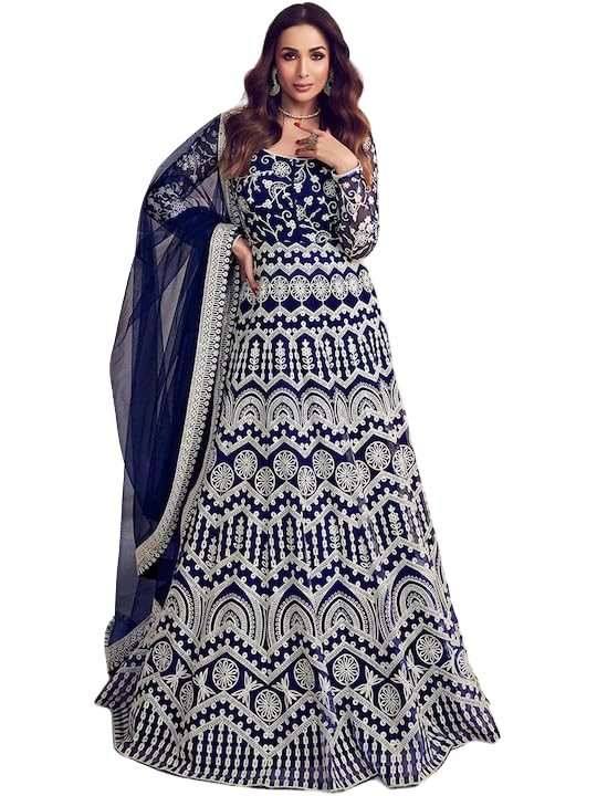 PATLANI Women's Naylon Net Embroiered Full Stitched Gown with Dupatta. Dark Blue - Image 1