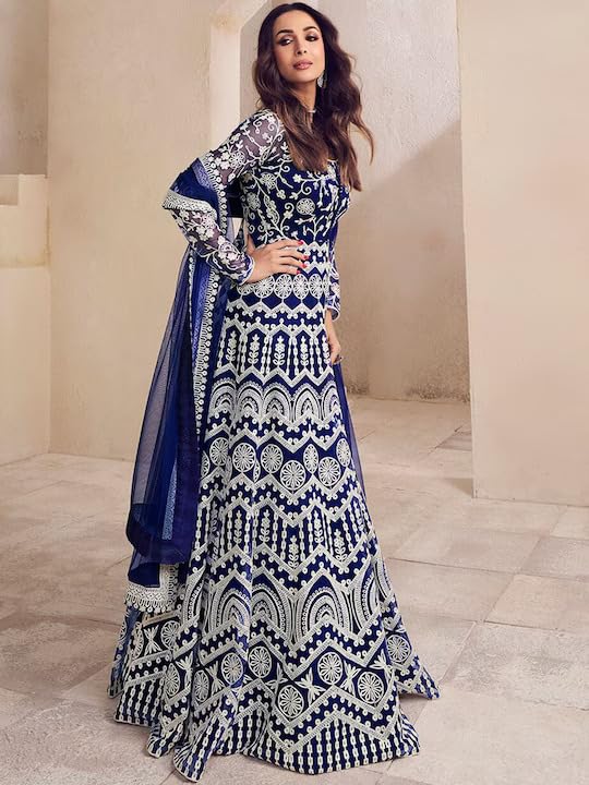 PATLANI Women's Naylon Net Embroiered Full Stitched Gown with Dupatta. Dark Blue - Image 3