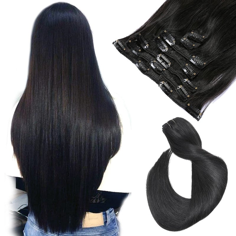 Remy Clip in Hair Extensions Human Hair Natural Black Clip on Extensions 7 Pieces 70 Gram Silky Straight Seamless Weft Real Hair Extensions Clip in for Women 18 Inch