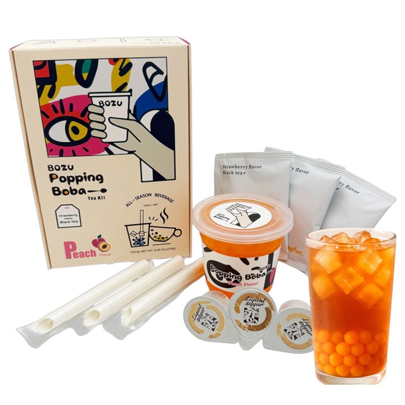BOZU Popping Boba Kit - DIY Hot/Cold Bubble Tea Set, drop-safe pack, burst tech (BXT) - Peach Popping Boba Pearls & Strawberry Black Tea - 3 Servings - Image 1