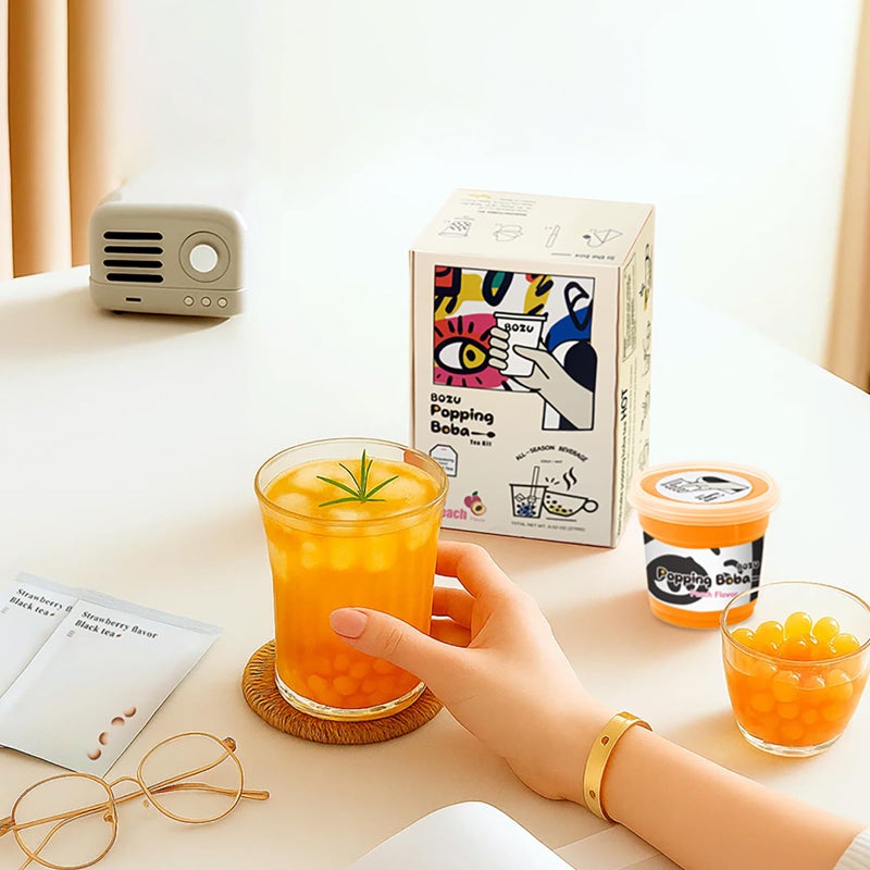 BOZU Popping Boba Kit - DIY Hot/Cold Bubble Tea Set, drop-safe pack, burst tech (BXT) - Peach Popping Boba Pearls & Strawberry Black Tea - 3 Servings - Image 2