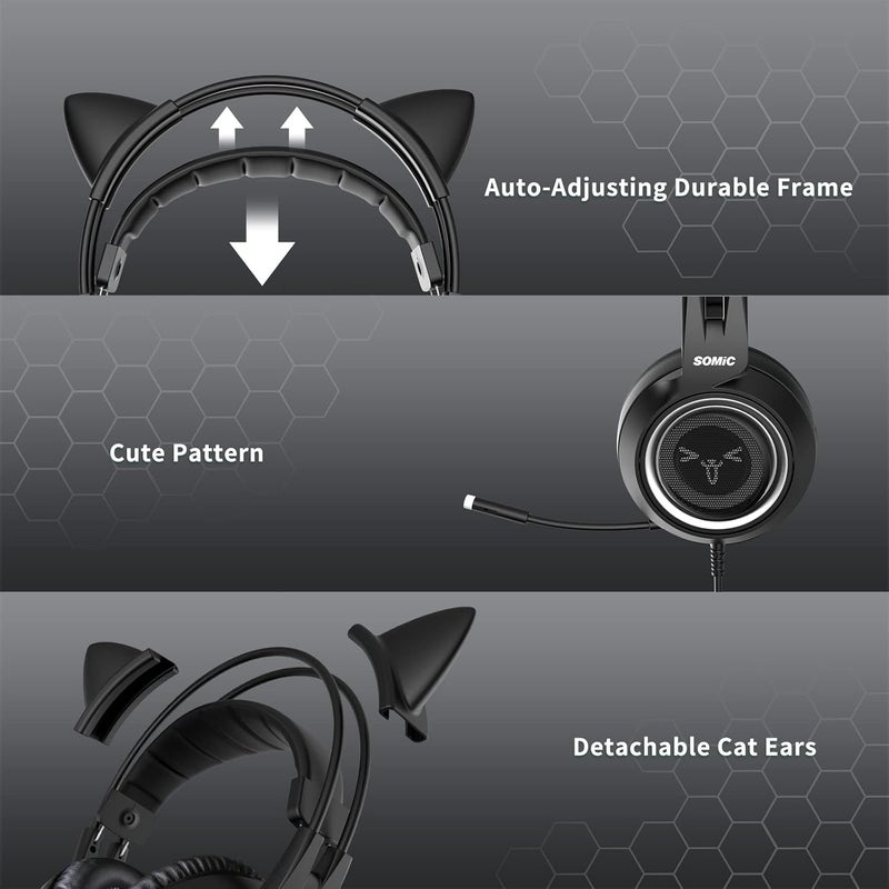 Somic G951s Pink Stereo Gaming Headset with Mic for PS4, Xbox One, PC, Mobile Phone, 3.5MM Sound Detachable Cat Ear Headphones Lightweight Self-Adjusting Over Ear Headphones (Black) - Image 5